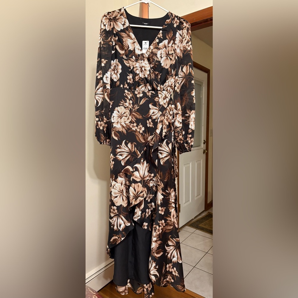 Express Black and Brown Floral Long Sleeve High Low Dress